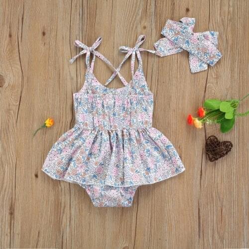 2Pcs Baby Girls Outfit Sweet Style Summer Floral Printing Lace Up Shoulder Strap Sleeveless Suspender Romper + Headwear Set