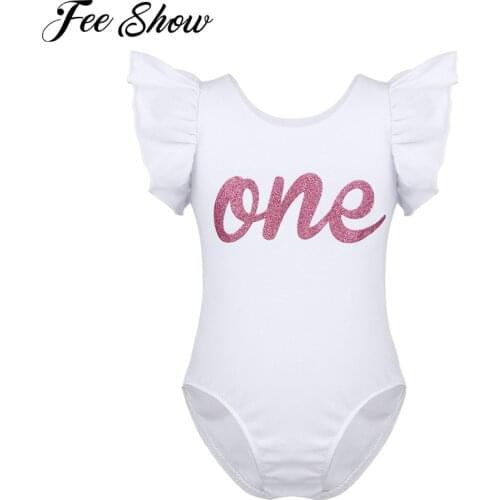 Newborn Infant Baby Girls Ruffled Cap Sleeves Rompers Glittery Letters One Printed 1st First Birthday Party Romper Jumpsuit