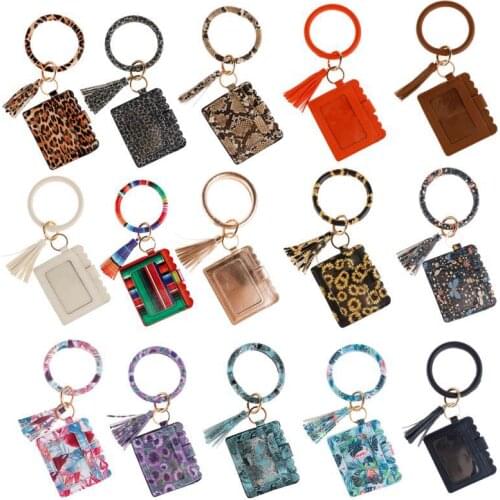 Credit Card Wallet Keychain for Women, Keys Cards Holder With O Ring Wristlet Coin Purse Bracelet Leopard Tassel Key Chain H-37F