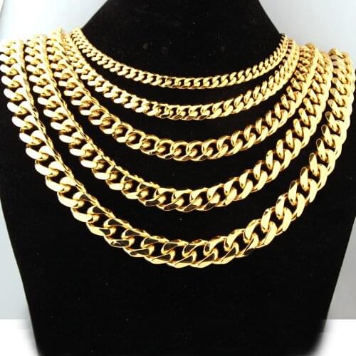 Cool Jewelry 8-19mm Wide Polished Stainless Steel Gold Color Curb Cuban Link Chain Necklace For Men 7-40 inch For Choose
