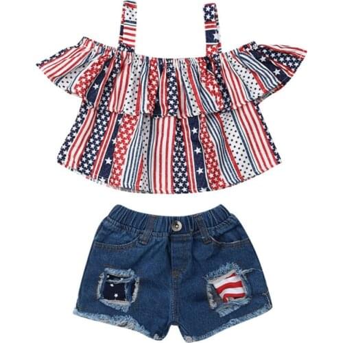 Summer Toddler Kids Baby Girl Striped Off shoulder Tops Ruffle Strap Blouse+Denim Short Pants Jeans Clothes Set 1-6Y