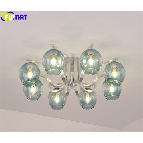 FUMAT Modern Ceiling Chandeliers Lamp Blue Gray Glass Shade Lights Nordic Style For Living Dinning Room Dimming Remote Control
