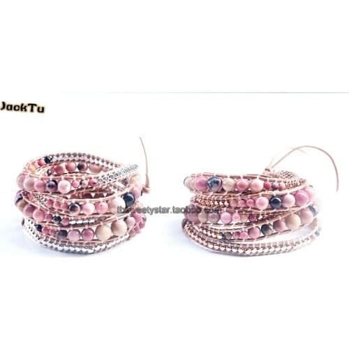 Copper Nuggets Mix Rhodochrosite Natural Stone Leather Bracelet Boho Woven Nepal Bracelet