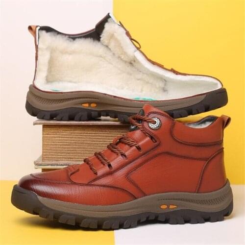 New Men Plush Warm Leather Snow Boots Fashion Winter Top Brand Outdoor Ankle Boots Lace Up Waterproof non-slip Men Shoes
