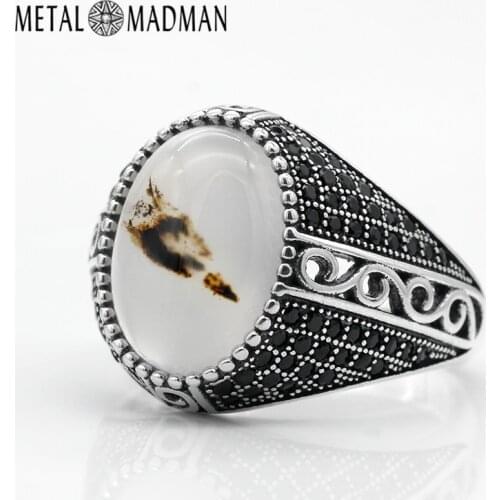 Men Ring with Natural Onyx Vintage 925 Sterling Silver Black CZ Stone Turkish Lucky Jewelry Rings for Male Party Wedding Gifts