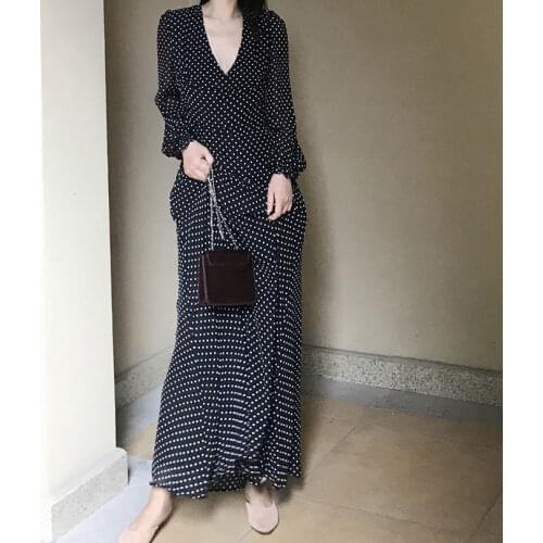 Autumn Spring Ankle Length Polka Dot Printed Chiffon Dress Elegant Long Sleeve V Neck Bottoming Long Dress 2020 Korean Style