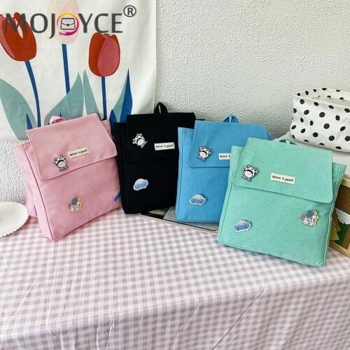 Casual All-match Cartoon Badge Small Knapsack Preppy Style Fashion Lady Solid Color Canvas Backpack Portable Travel Shoulder Bag