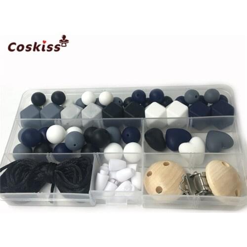 DIY Silicone Teething Necklace Kit Shades of Gray Black White Marble Silicone Heart Necklace Pacifier Clip Kit Food Grade Beads