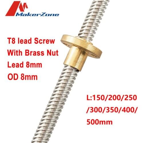 T8 Lead Screw OD 8mm Pitch 2mm Lead 8mm 150mm 200mm 250mm 300mm 350mm 400mm 500mm with Brass Nut for Reprap 3D Printer Z Axis