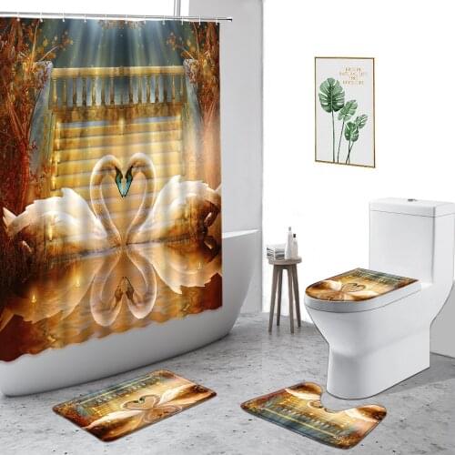3D Beautiful White Swan Waterproof Shower Curtain Romantic Valentines Day Background Cloth Gift Bathroom Decor Anti-Slip Carpet
