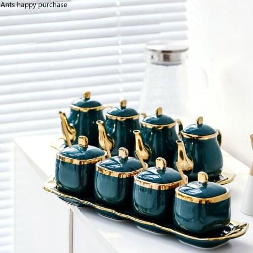 Green Household Ceramics Sugar Bowl Salt MSG Jar Seasoning Tank Four-piece Suit Ingredient Can Set Kitchen Storage Tool with Lid