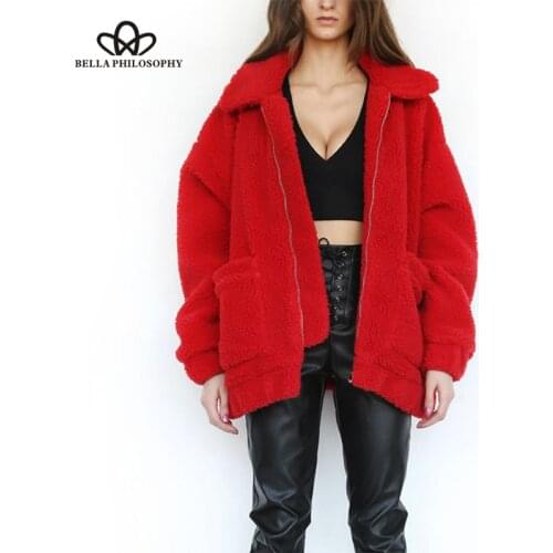 Bella Philosophy Autumn Winter Solid Fleece Warm Thick Plus Size Women Short Jacket Faux Lambswool Zipper Female Outerwear Coat