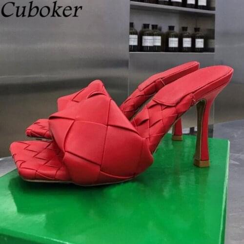 Runway Women Slippers Cross Woven Square Toe Brand Designer Thin High Heels Shoes 2021 Summer Party Dress Shoes For Women Mujer