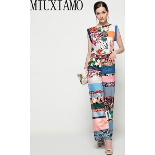 MIUXIMAO 2021 Women Set Summer New Casual Sexy Fashion Vest Tops Loose Trousers Vintage Printed Patchwork Two-Piece Suit Vestido