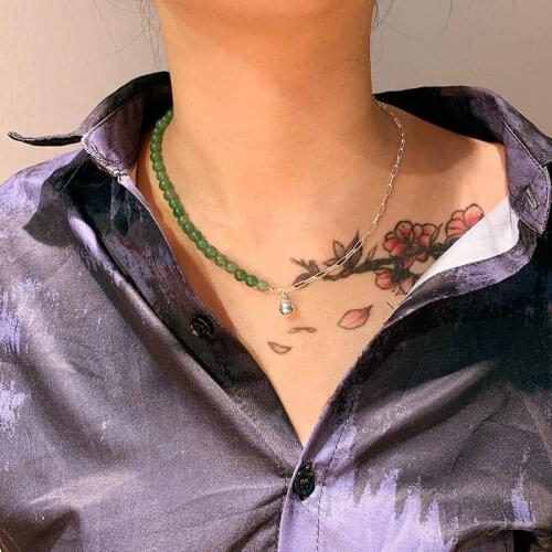 VSnow Temperament Silver Color Metal Round Beads Pendant Necklace for Women Asymmetry Green Resin Chunky Chain Necklace Jewelry