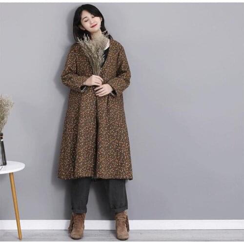 Johnature Women Autumn Winter Fashion V-neck Floral Print Cotton Linen Long Coat 2020 New Single Breasted Casual Women Outerwear