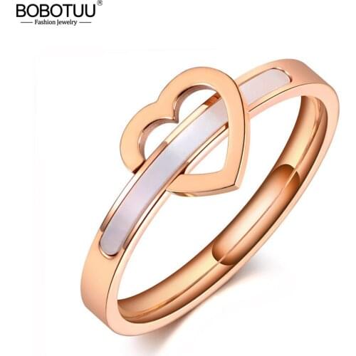 BOBOTUU Titanium Stainless Steel White Shell Love Heart Rings Jewelry For Women Girls Simple Romantic Engagement Ring BR20006
