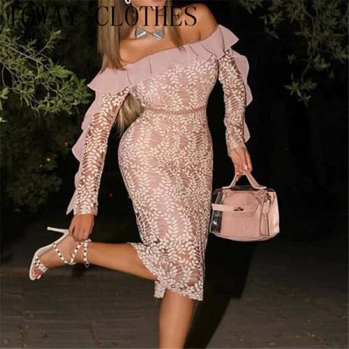 Off Shoulder Leaf Bodycon Party Dress Women Ruffles Long Sleeve Elegant Slash Neck Midi Night Club Dresses