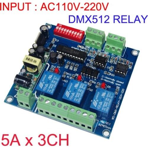 10 pieces free shipping 3CH DMX512 relay controller 3 channels relay decoder AC110-220V input,each channel max 5A