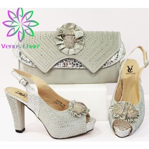 2021 Italian Design Nigerian Newest Fashion Butterfly Shape Crystal Style Ladies Shoes and Bag Set in Silver Color for Party