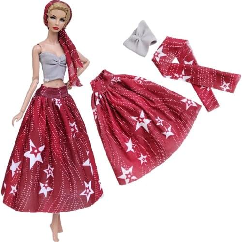 3 Items/Set Fashion Dress Grey Top Shirt + Red Pattern Dress +Scarf Party Gown 1/6 Doll Skirt For Barbie Doll Accessories