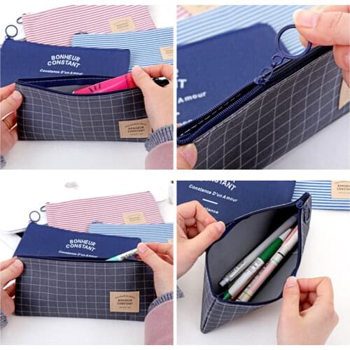3 pcs Brief Style Grid Stripes Canvas Pencil Bag Stationery Storage Pencil Case School Gift Stationery Supply