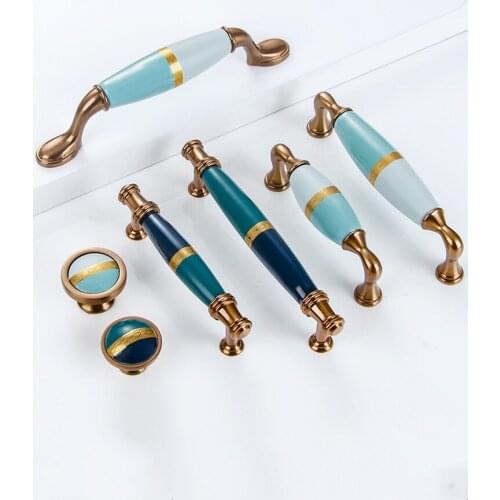 American wardrobe handle door light luxury golden European style handle kitchen cabinet drawer Blue ceramic furniture handle