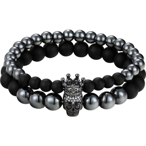 XiongHang Latest Bracelet 6mm 8mm Hematite And Matte Black Beads Bracelet Set Skull Crown Bracelet Set For Women Men