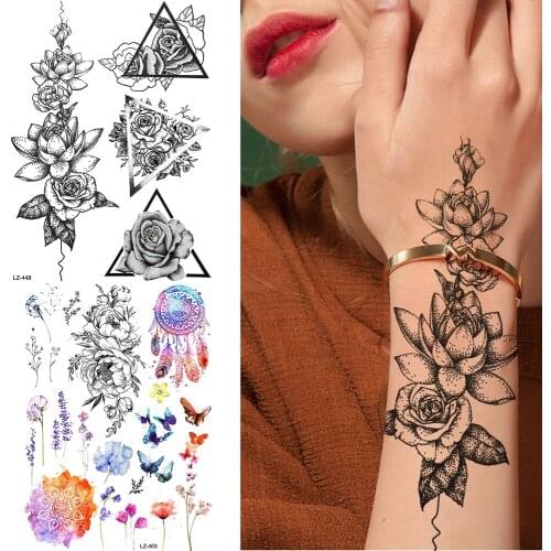 GoldOcean Black Chains Triangle Foream Flower Tattoo Stickers Women Fake Waterproof Tattoos Temporary Body Arm Art Custom Tatoos