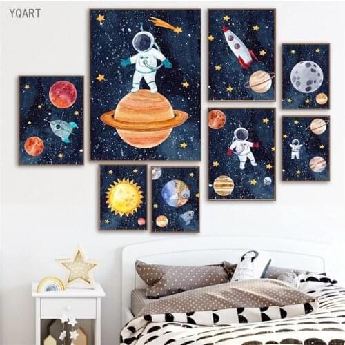 Kids Nursery Room Wall Decor Planets Rocket Spaceship Number Letter Canvas Paintings Nordic Posters and Prints Wall Pictures