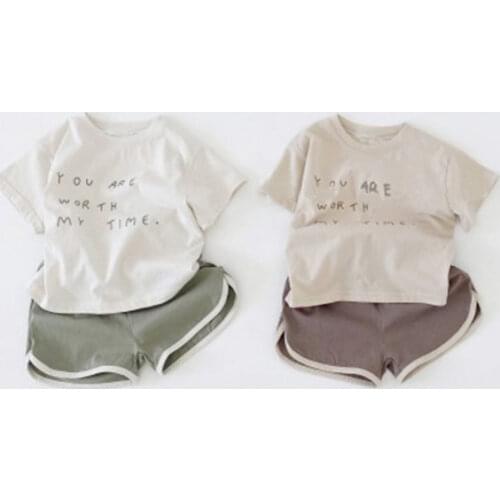 2021 Children Summer New Kids Suit Boys and Girls Korean Simple Letter Short Sleeve T-shirt Casual Shorts Two Piece Set