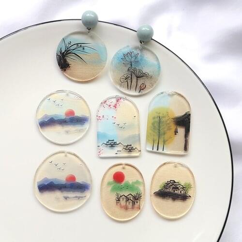 Chinese Style Landscape Painting Resin Geometry Earring Pendant Charms Ornament Accessories 20pcs Colorful Jewelry Findings