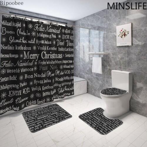 Innovative Christmas Bathroom Sets Toilet Seat Cover Black Shower Curtain and Rug Sets Text Print Bath Mat Holiday Decoration