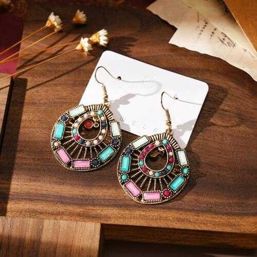 Classic Vintage Womens Corful Crystal Beads Copper Hollow Round Earrings Fashion Jewelry Bohemia Wedding Earrings Hangers