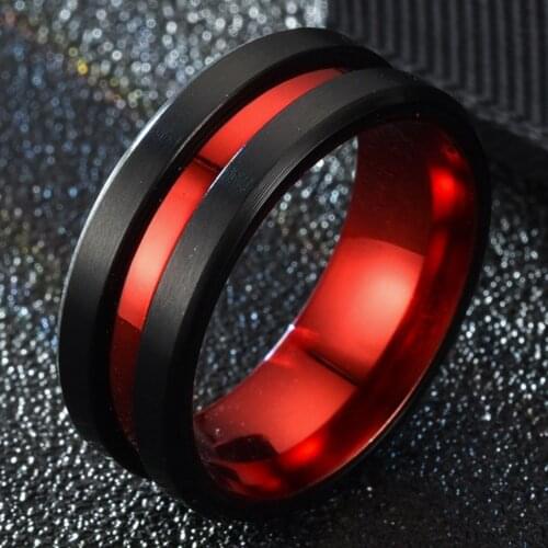 Red And Black Ring Combined Matte Finish Beveled Grooved Wedding Band For Men Stainless Steel 8mm Size N½ To Z+5