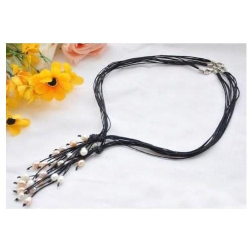 Leather Pearl Jewellery,Wholesale 3pcs 20inches White Rice Black Leather Necklace,New Free Shipping