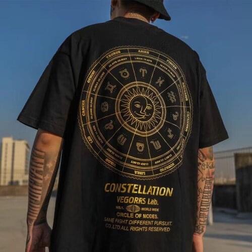 Summer Constellation Compass Printed T-shirt New Short Sleeve Hong Kong Wind Loose Male Street Hip Hop Couple ins Joker
