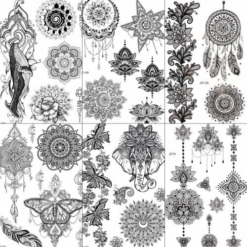 FANRUI DreamCatcher Black Henna Temporary Tattoo Sticker Mehndi Elephant Hamsa Hand Fake Tattoo Waterproof Body Art Custom Tatoo