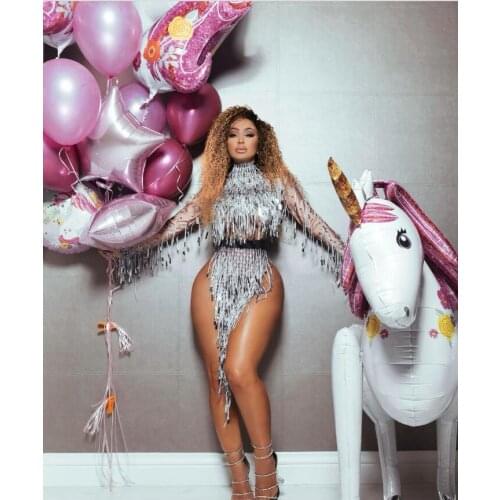 Flashing Silver Sequins Fringe Top Skirt Women Dancer DS Show High-collar Outfit Birthday Long Sleeves