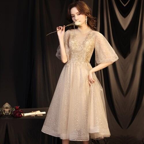 2020 New Fashion Evening Dress High Neck Half Sleeve Shinning Sequins Prom Dress Knee Length Appliques a Line Banquet Party Dres