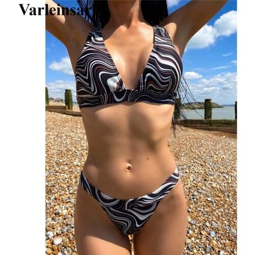 New Sexy Printed Deep V Neck Bikini Female Swimsuit Women Swimwear Two-pieces Bikini set Padded Bather Bathing Suit Swim V3204