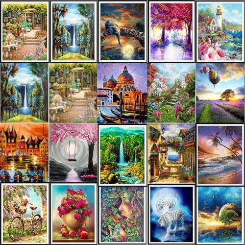 Landscape 5D Diamond Painting Full Diamond Rural Woods Beach Flowers Round Diamond Mosaic Pattern Home Decoration DIY Handmade