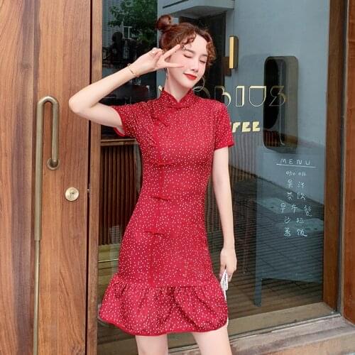 Red Cotton Cheongsam Fishtail Dresses Elastic Cotton Mermaid Qipao short Sleeve Classic dot Qipao Robe Orientale