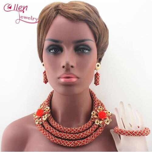 Luxury Bridal Jewelry Sets Nigerian Wedding African Beads Jewelry Set Handmade flower Necklace Sets Bracelet Earrings N0019