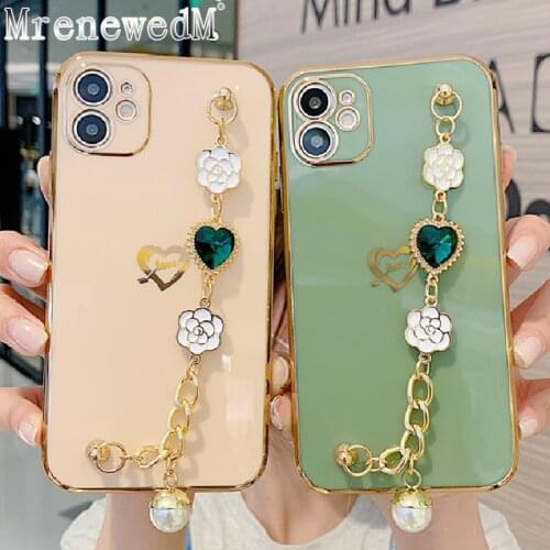 Luxury Plating Heart Pearl Wrist Bracelet Case For iPhone 11 Pro 12 Mini X XR XS Max Shockproof Soft Phone Cover On SE2 7 8 Plus
