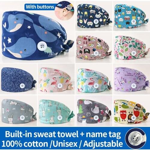 Unisex cotton Cartoon animal print scrub hats adjustable Scrubs caps beauty salon frosted cap lab working hat pet shop Scrub Cap
