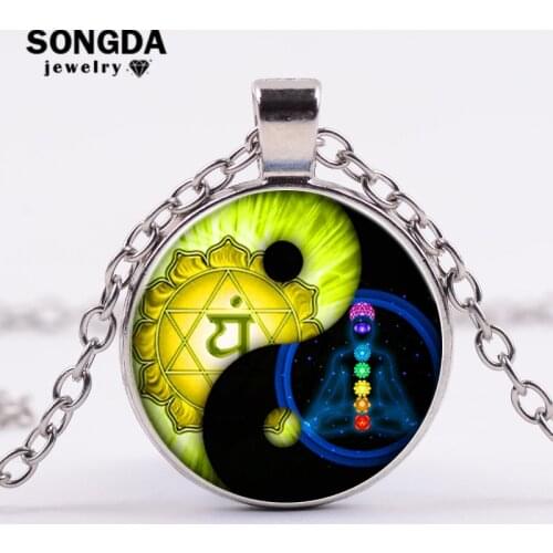 SONGDA Reiki 7 Chakra & Yin Yang Pendant Necklace Fashion Personality Splice Buddhism Yoga Lovers Long Necklace Women Men Bijoux