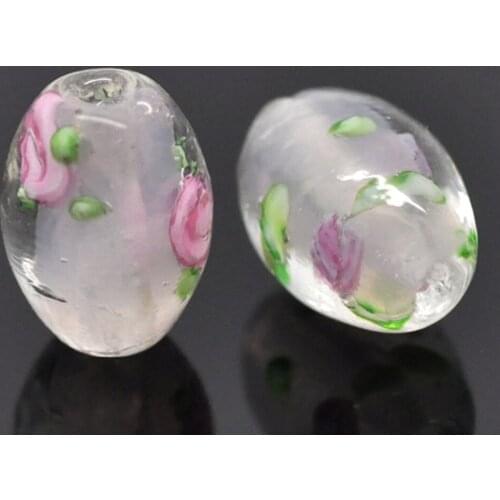 DoreenBeads Glass Beads Barrel Light pink Flower Pattern Dyed About 14mm( 4/8") x 10mm( 3/8"), Hole: Approx 1.6mm, 2 Pieces