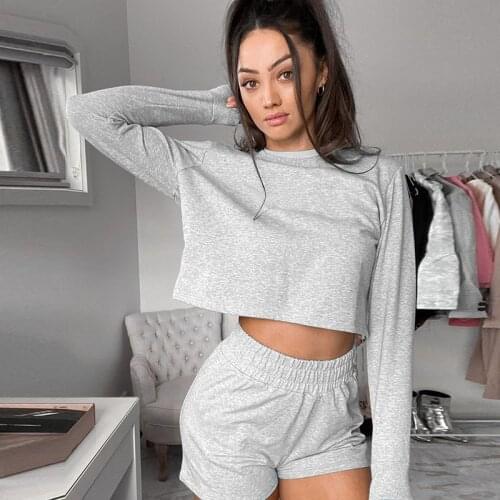 Women Autumn Solid Loose Pullover Elastic Waist Pants Casual Outfit Two Piece Set Cotton Sporty Sweatshirt Shorts Matching Suit