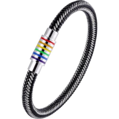 Unique Designer Black/White Genuine Braided Bracelet Men Stainless Steel Gay Pride Rainbow Magnetic Charms Bracelet Women Gift
